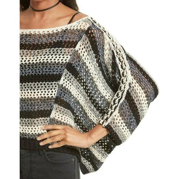 Free People Black Pearl Searching Linen & Cotton Knit Oversized Poncho Sweater - Picture 1 of 13